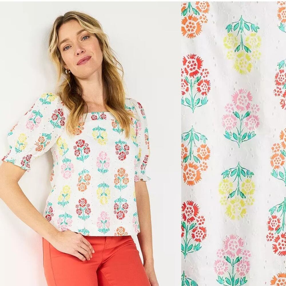 Draper James | White Eyelet Colorful Floral Puff Sleeve Boxy Cottagecore Top